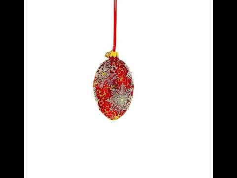 Red and Gold Paisley with Silver Starburst Glass Egg Ornament 4 Inches