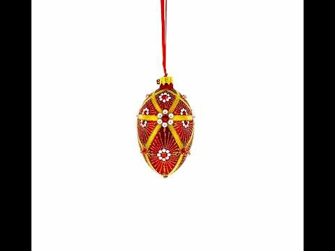 Red and Gold Floral Bejeweled Glass Egg Ornament