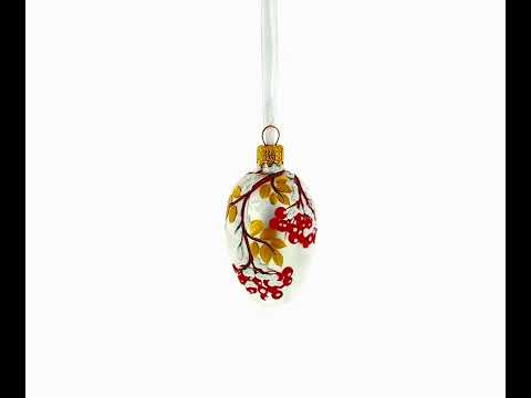 Frosted White with Red Berry and Snow-Covered Branch Design Mini Glass Egg Ornament 2.9 Inches