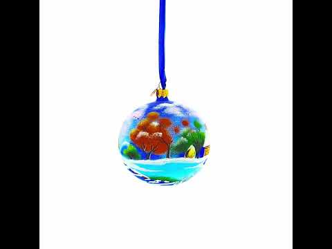 Serene Winter Village Scene with Lake Blown Glass Ball Christmas Ornament 4 Inches