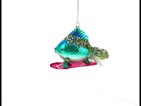 Cool Blue Fish Surfing Wave Blown Glass Christmas Ornament