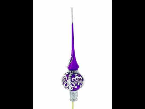 Dimensional White Roses on Purple Blown Glass Christmas Tree Topper 11 Inches