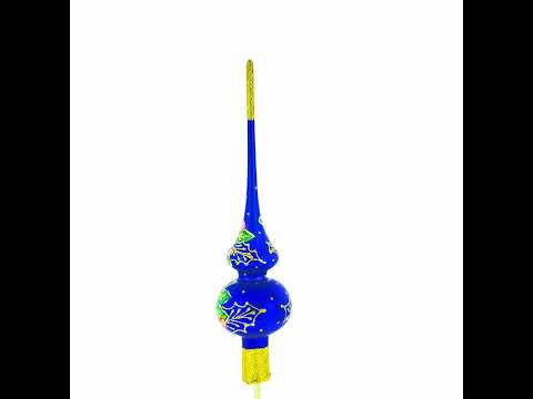 Santa and Mistletoe Wreath on Blue Mouth Blown Glass Christmas Tree Topper 11 Inches