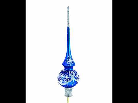 Dimensional White Pearls on Blue Mouth Blown Glass Christmas Tree Topper 11 Inches