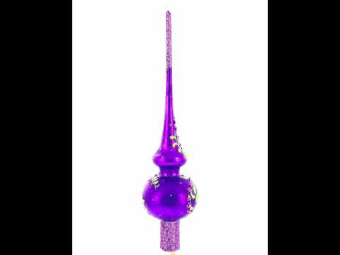 Dimensional Pink Roses on Purple Mouth Blown Glass Christmas Tree Topper 11 Inches