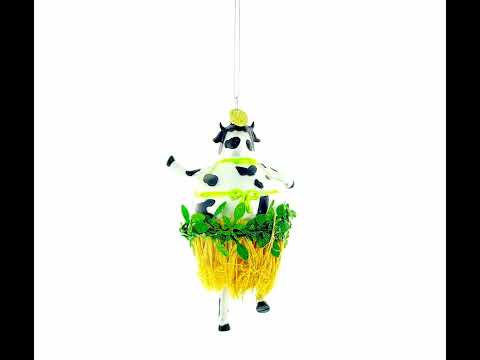 Adorno navideño de vidrio soplado con vaca en falda de hierba y bikini floral