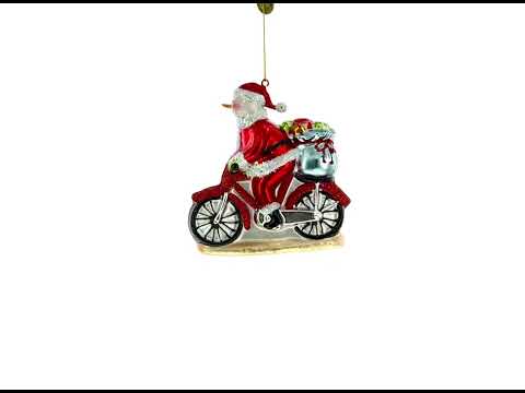 Snowman Biker on the Road Blown Glass Christmas Ornament