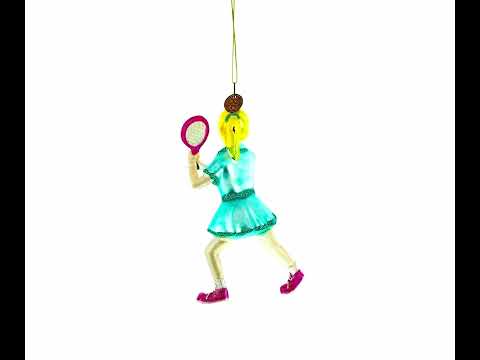 Athletic Girl Playing Tennis Blown Glass Christmas Ornament