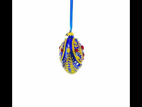 Royal Blue Regal Heart and Gemstones Embellished Glass Egg Ornament 4 Inches