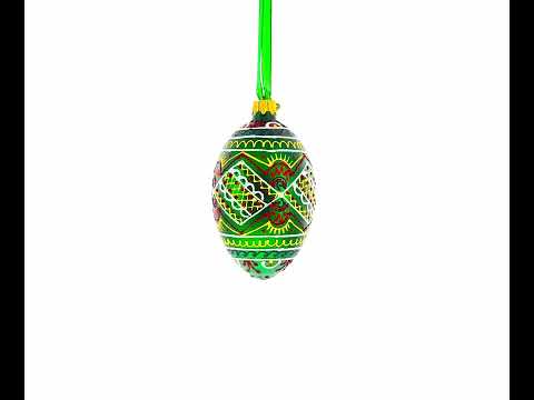 Green Geometric Pysanka Ukrainian Egg Glass Christmas Ornament 4 Inches