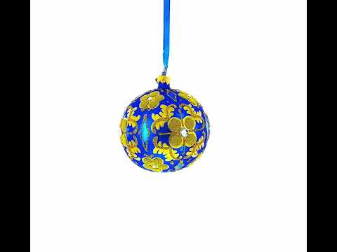 Jeweled Golden Leaves on Blue Glass  Ball Christmas Ornament 4 Inches