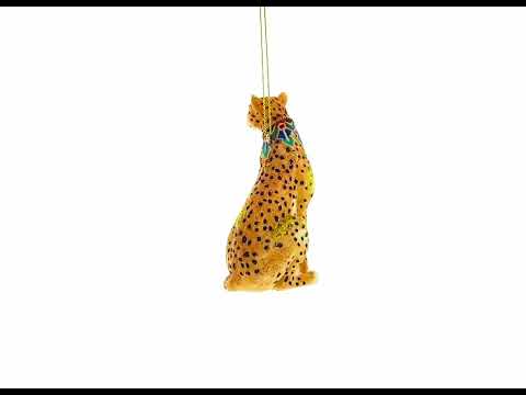 Jaguar with Bow Blown Glass Christmas Ornament