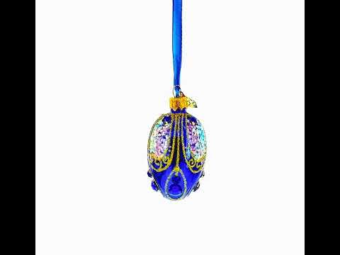 Royal Blue with Gold Glitter and Iridescent Sequins Mini Glass Egg Ornament 2.9 Inches