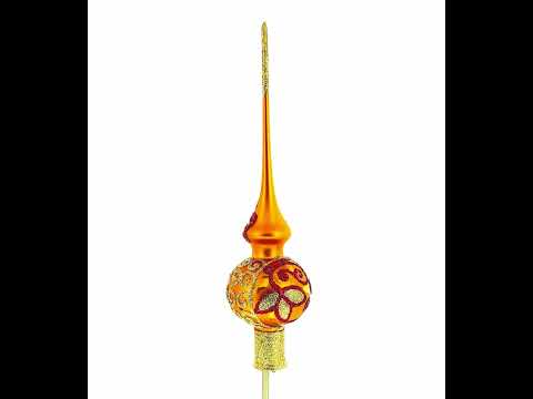 Sparkling Leaves on Gold Mouth Blown Glass Christmas Tree Topper 11 Inches