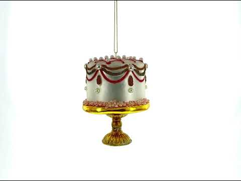 Pearl-Adorned Celebration Cake - Blown Glass Christmas Ornament