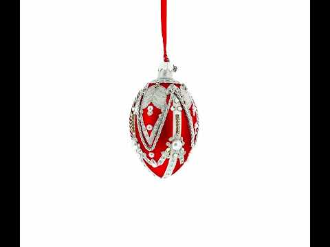 Silver Ropes on Red Glass Egg Christmas Ornament 4 Inches