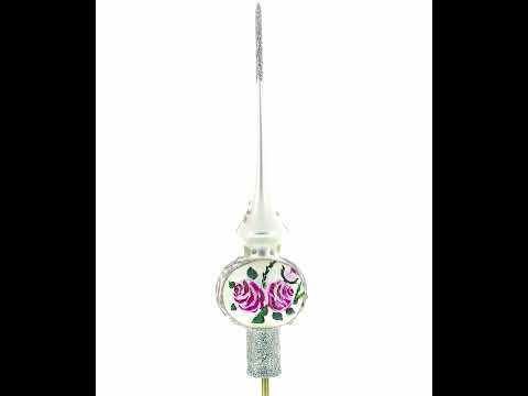 Pink Flowers Bouquet on Silver Mouth Blown Glass Christmas Tree Topper 11 Inches