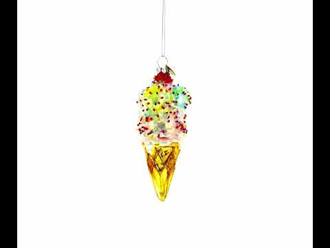 Sprinkled Ice Cream Cone Blown Glass Christmas Ornament