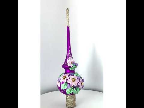 Dimensional Roses on Purple Artisan Hand Crafted Mouth Blown Glass Christmas Tree Topper 11 Inches