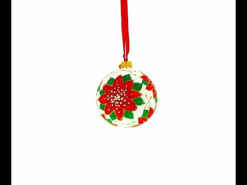 Poinsettia Flowers on White Glass Ball Christmas Ornament 3.25 Inches