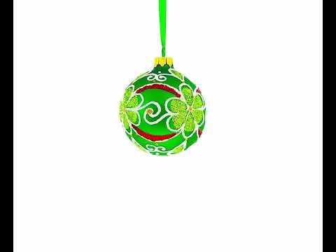 Flowers on Green Blown Glass Ball Christmas Ornament 3.25 Inches