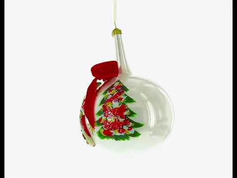 Santa by Tree with Red Bow - Festive Blown Glass Ball Christmas Ornament