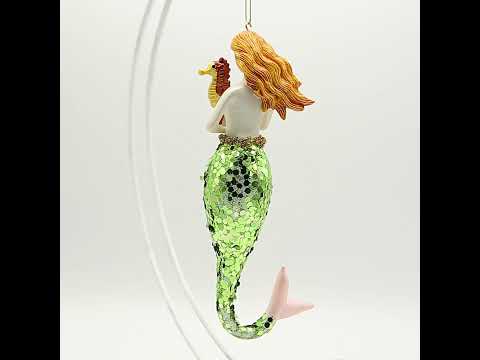 Mermaid Holding Sea Horse Blown Glass Christmas Ornament