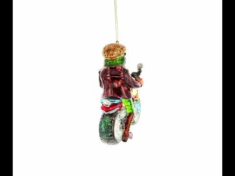 Adorno navideño de cristal con forma de rana en motocicleta