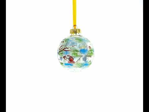 Blue and Yellow Birds on Branch Blown Glass Ball Christmas Ornament 3.25 Inches