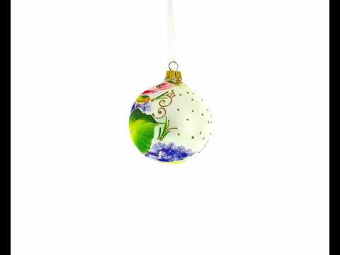 Exquisite Roses Flowers Blown Glass Ball Christmas Ornament 3.25 Inches