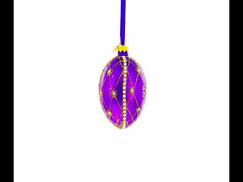 Adorno navideño con forma de huevo de cristal guilloché de perlas sobre morado, 4 pulgadas