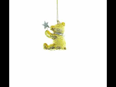 Gold Teddy Bear with a Sparkling Red Bow -Resin Christmas Ornament