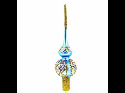 Elegant Blue and Purple Jewel-Encrusted Blown Glass  Tree Topper 11 Inches