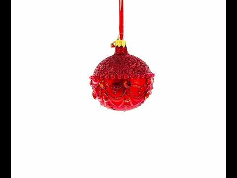 Bejeweled Chandelier Design on Red Hand-Painted Blown Glass Ball Christmas Ornament 3.25 Inches