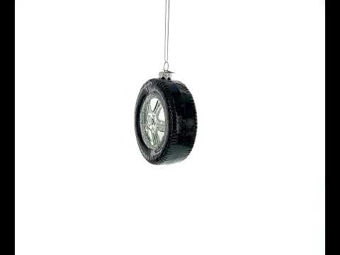 Sleek Black Car Wheel Blown Glass Christmas Ornament