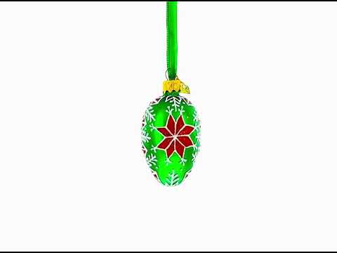 Festive Green with Red and White Snowflake Pattern Mini Glass Egg Ornament 2.9 Inches