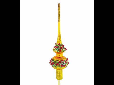 Dimensional Poinsettia Flowers with Pearls on Gold Blown Glass Christmas Tree Topper 11 Inches