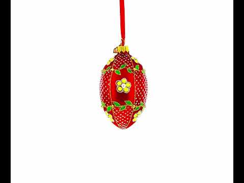 Yellow Flower on Red Glass Egg Ornament 4 Inches