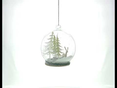 White Deer in Snow Globe with Glistening Snowflakes Glass Christmas Ornament