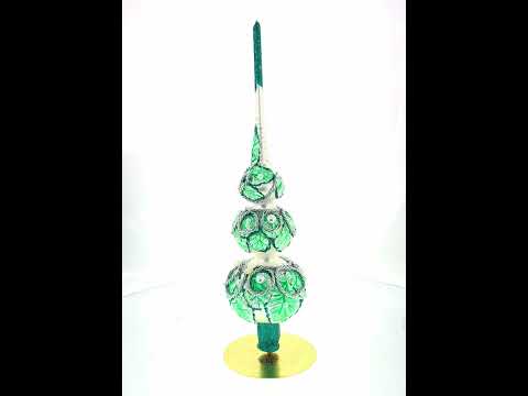 Dimensional Rope and Leaves on White Mouth Blown Glass Christmas Tree Topper 12.5 Inches