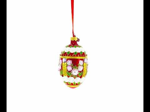 Pearl Flowers on Glossy Red Glass Egg Ornament 4 Inches