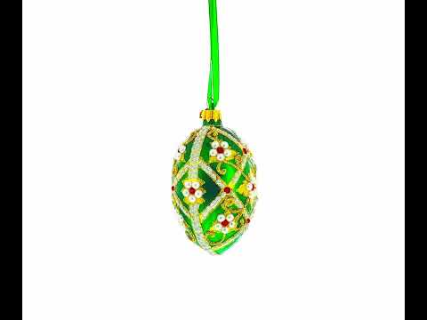 Jewels on Green Glass Egg Christmas Ornament 4 Inches