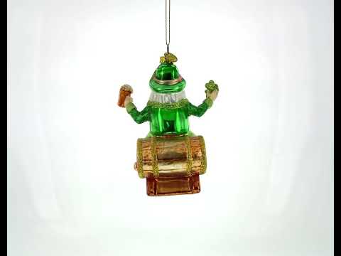 Irish Santa Sitting on a Whiskey Barrel Blown Glass Christmas Ornament