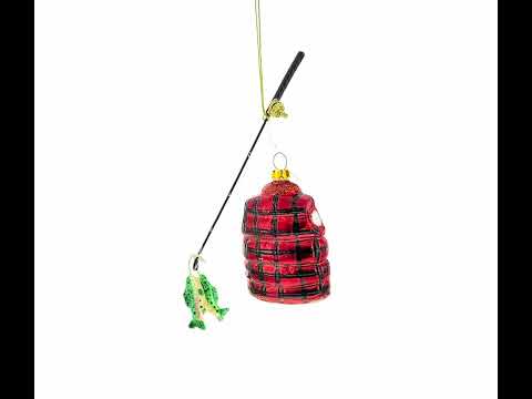 Fisherman Jacket and Rod Blown Glass Christmas Ornament