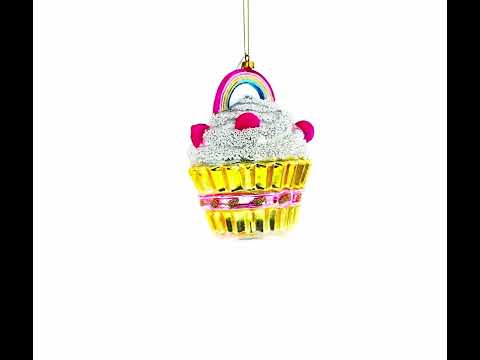 Delightful Sprinkled Cupcake with Rainbow Blown Glass Christmas Ornament