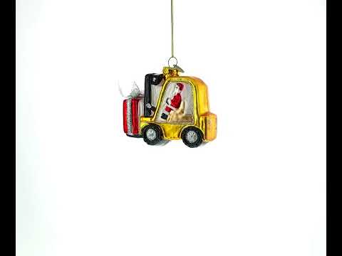 Jolly Santa Riding Forklift Blown Glass Christmas Ornament