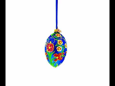 Colorful Flowers on Blue Glass Egg Ornament 4 Inches