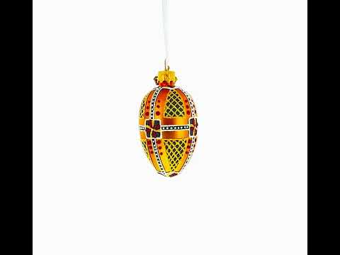 Amber with Red, Black, and Gold Geometric Pattern Mini Glass Egg Ornament 2.9 Inches