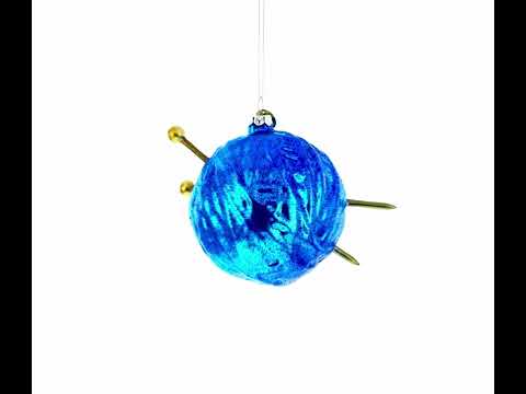 Blue Yarn Ball and Sticks Blown Glass Christmas Ornament