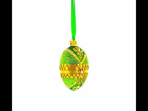 White Jewels on Glittered Green Glass Egg Ornament 4 Inches